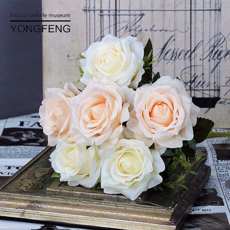 新品小把束仿真花卉6花头拼色玫瑰花桌摆仿真玫瑰花精品仿真花卉|ru