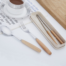 日式榉木不锈钢餐具木柄勺子叉子筷子 礼品套装便携餐具三件套