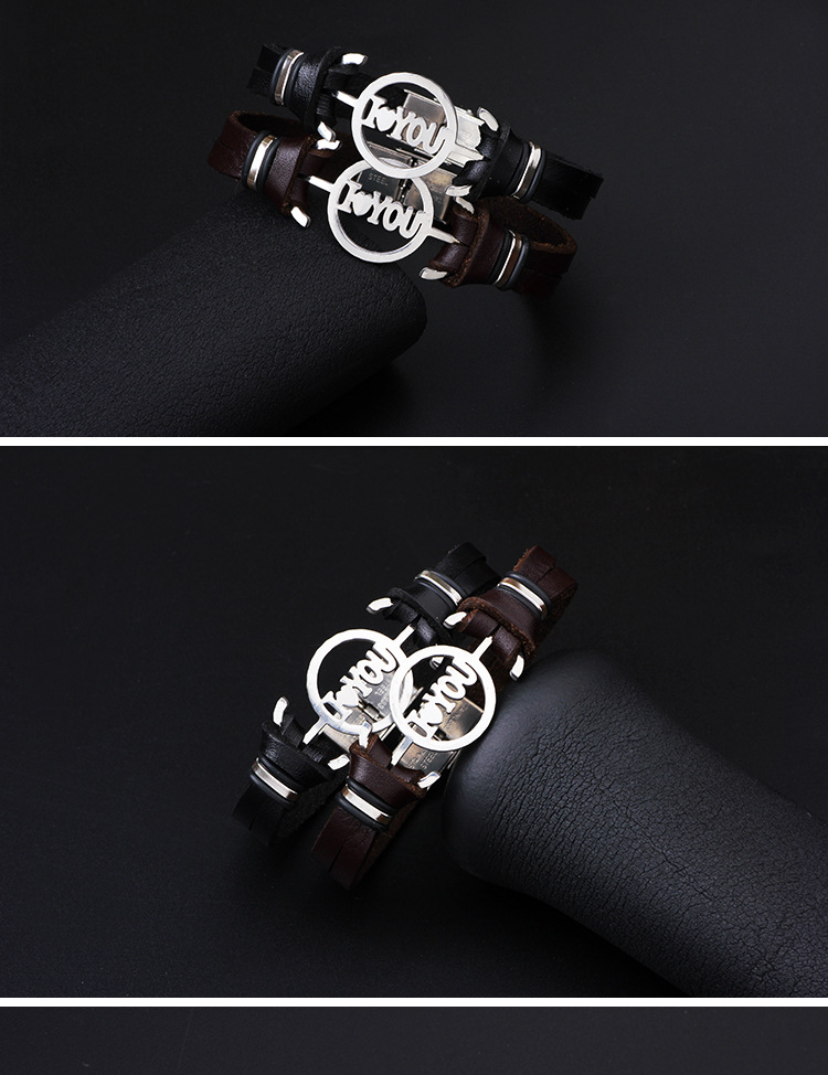 Korean Version Stainless Steel Letter Leather Bracelet Wholesale display picture 1