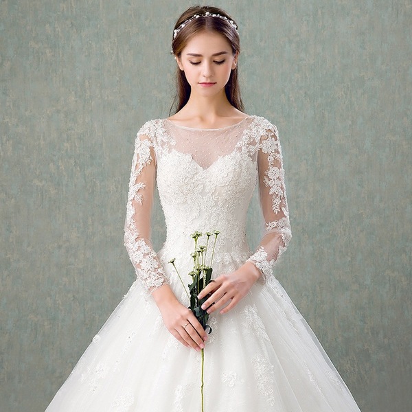Winter wedding dress new Korean version of simple brides marry a word shoulder repair small trailing long sleeves