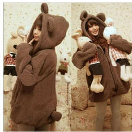 大量现货2018韩版小熊小兔子带耳朵和尾巴卡通毛绒绒外套连帽卫衣