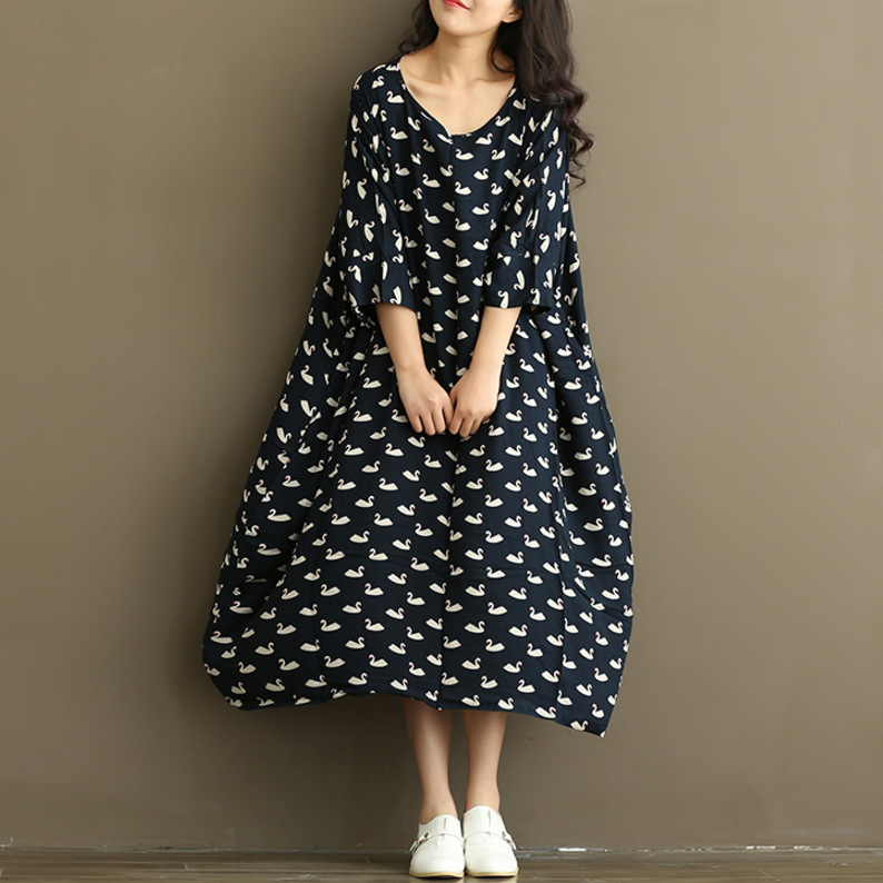 原创韩版棉紡大码女装文艺宽松大摆连衣裙棉布小天鹅印花长裙