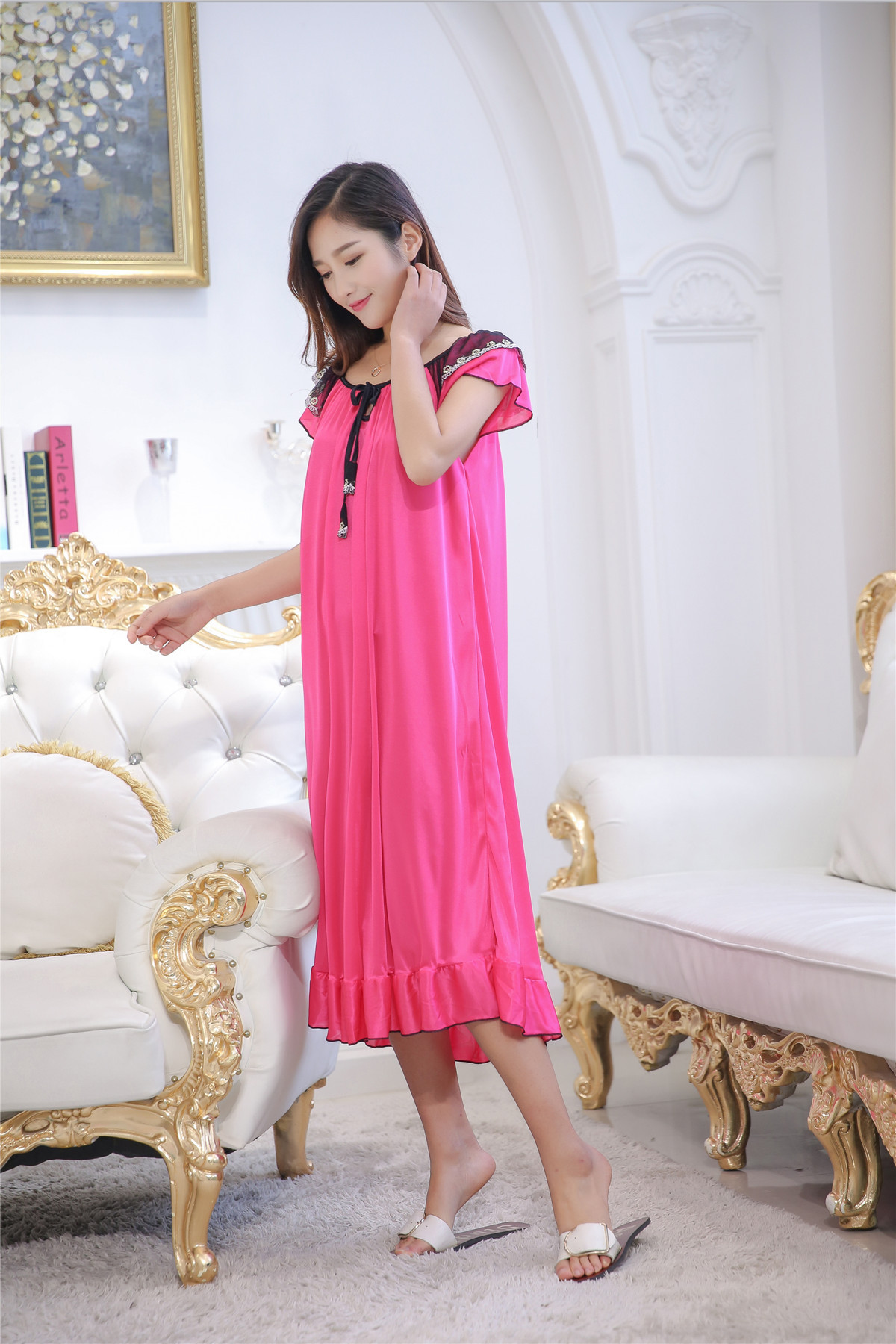 Simple Sexy  Solid Color Short Sleeves Ice Silk Polyester Long Pajamas display picture 46