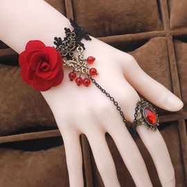 女士手饰品复古玫瑰花蕾丝手链 外贸饰品新款创意蕾丝手链带戒指