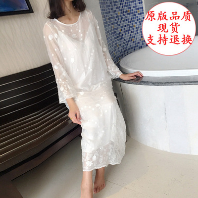 现货春夏季新刘美人两件套睡裙睡衣真丝重工立体贴花公主睡裙长裙|ru