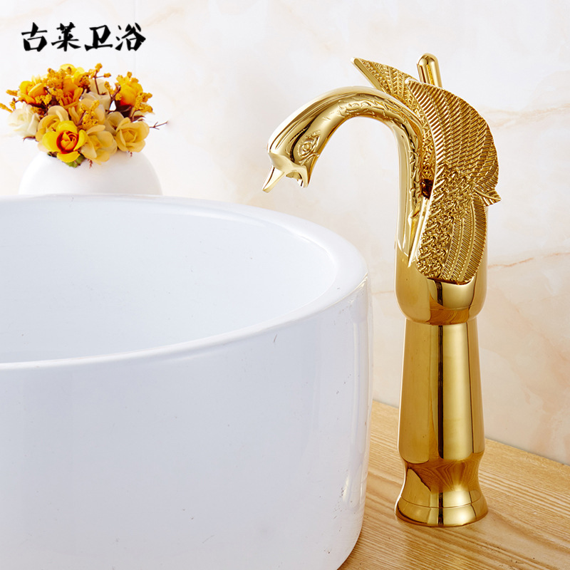 All-copper European-style antique faucet height gold-plated swan basin faucet counter basin faucet hot and cold