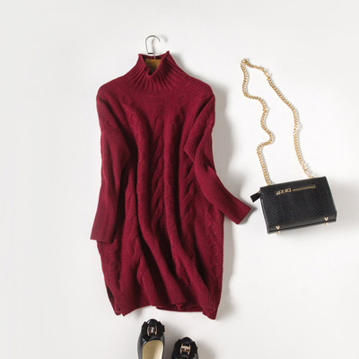 跨境热销女士纯羊绒衫半高领中长款加厚A字裙韩版宽松打底衫工厂|ru