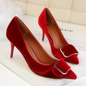 1025-5 han edition fashion professional OL shoes high heel with suede shallow mouth pointed metal belt buckle shoes