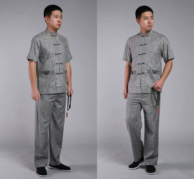 Mùa hè mới trung niên nam tay ngắn Tang phù hợp với quần áo vải lanh nam quốc gia