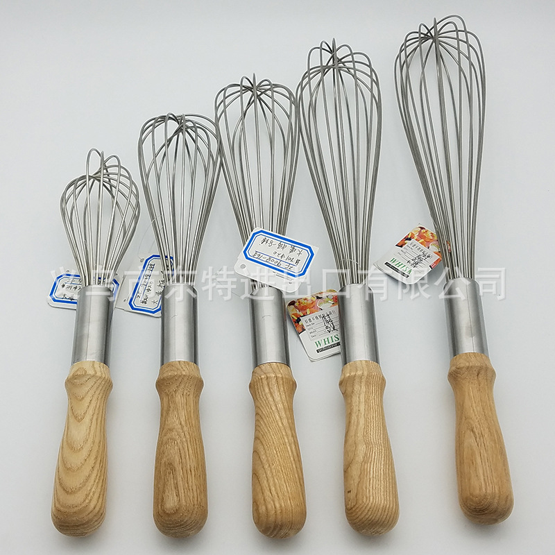 Factory direct sales of stainless steel egg beaters, 8-line oak handle stirrers, high-end manual egg beaters, baking utensils detail image 3