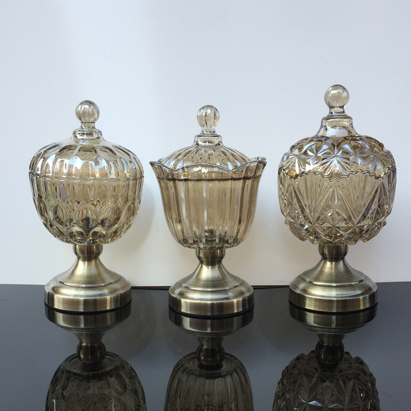 With cover Crystal glass Sugar bowl Tall Metal base Candy jar Dried fruit boxes Storage tank Home Decoration wholesale