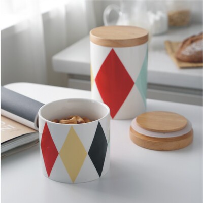 Northern Europe Color diamond kitchen Coarse Cereals ceramics oak lid Tea coffee bean Jar biscuit Canister