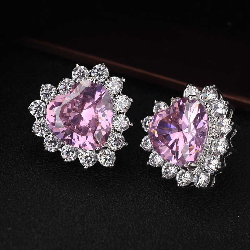 28g Weight Artificial Gemstones Inlay Material Earrings, Ear Studs Classification Wedding, Travel Occasion Copper Material Heart Pattern Women'S Gender Fashion Style Purple, Green, Silver Color Fashion Jewelry Simple And Sweet Inlaid With Aaa Zircon Heart-shaped Earrings 8