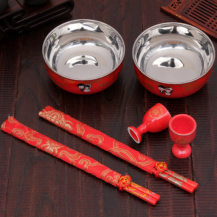 Wedding supplies marry Stainless steel Hi Bowl ceramics Toast Wine Glass Chopsticks Dragon Phoenix Satin printing chopsticks