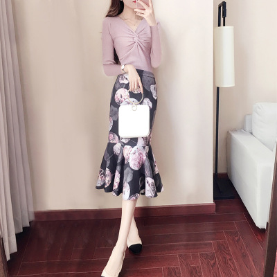 时尚套装女秋季新款韩版毛衣打底衫印花半身裙两件套中长款17915