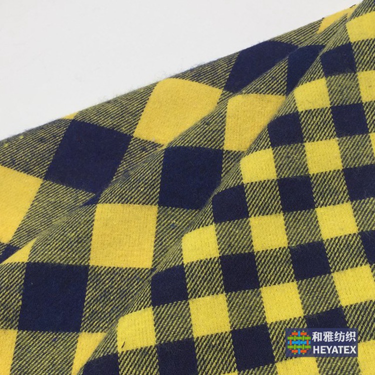 21支斜纹磨毛朝阳格 藏青深蓝黄格子绒布秋冬衬衫面料现货H4456