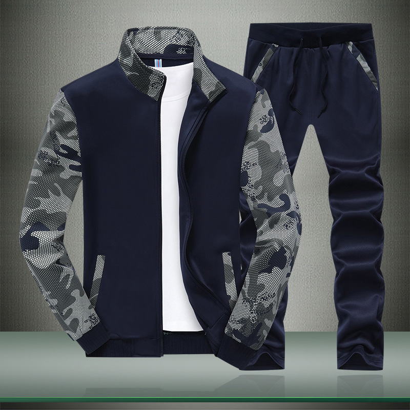 2022春秋新款韩版迷彩男式休闲套装长袖加绒运动套装厂家直销代发