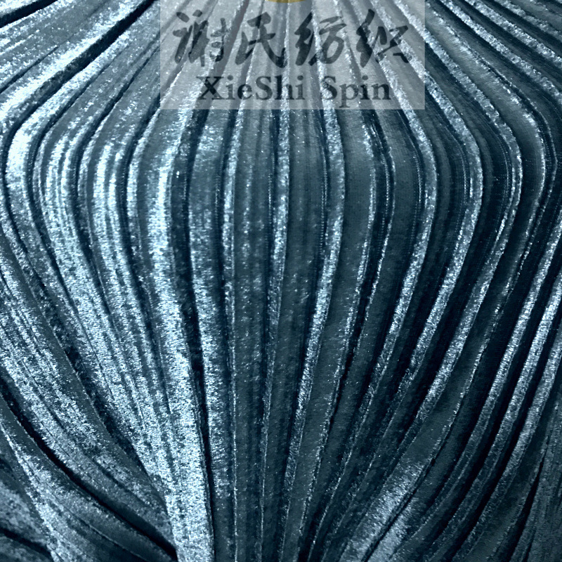 现货秋冬光感百褶裙法兰绒布料 灰蓝色电光风琴褶压皱褶金丝绒