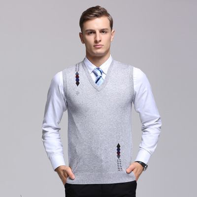 男式羊毛背心 提花 V字領休閑男士無袖羊毛衫 套頭 2017秋冬毛衣
