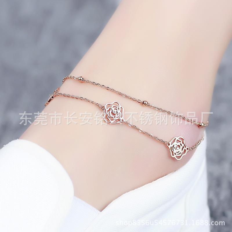 时尚双层茶花钛钢脚链玫瑰彩金不锈钢装饰品女创意足链独立包装