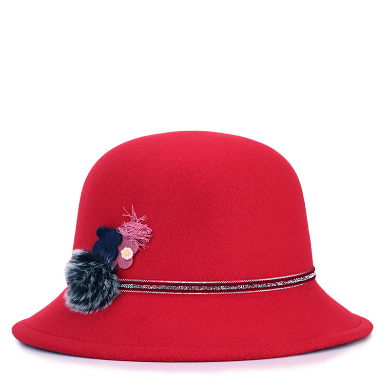 Las mujeres de otoño e invierno sombrero de lana de moda elegante decoración de la flor personalizada al aire libre cálido sombrero de cuenca estilo coreano sombrero superior entrega de una sola pieza image 4