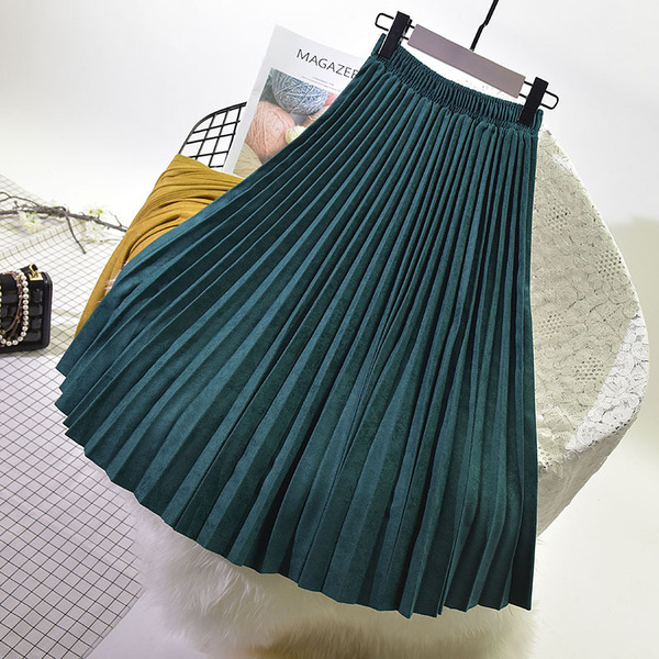 Demi-season velvet long pleated skirt