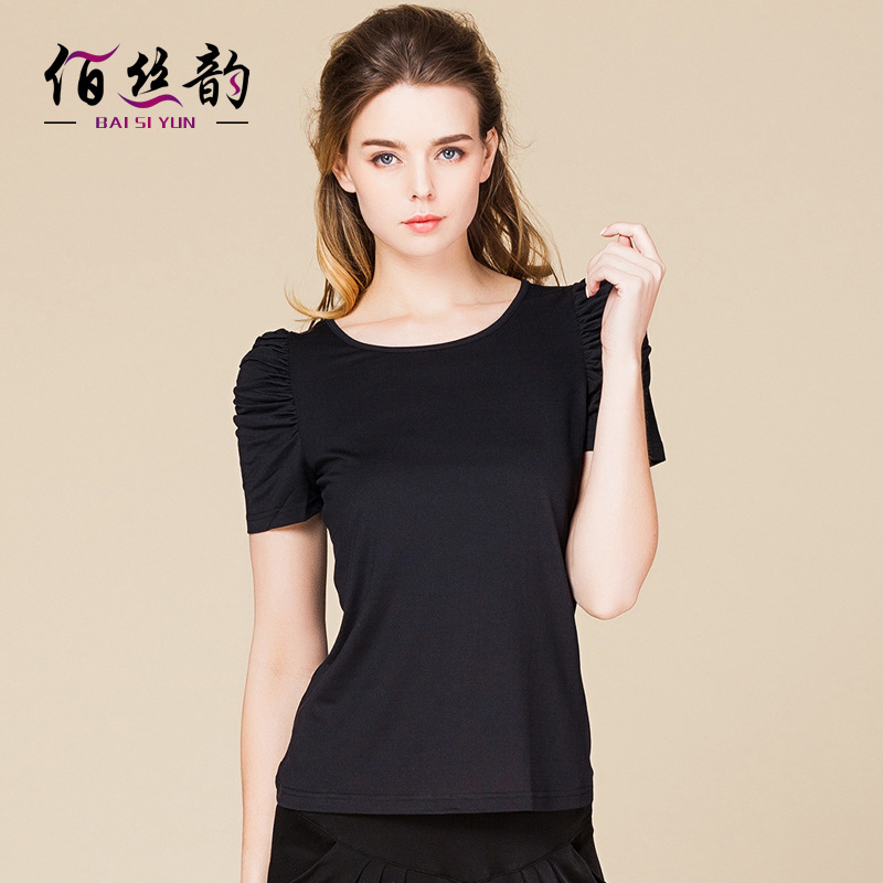 Womens 100 Mulberry Silk Knit Top Short Puff Sleeves Round Neck Fashionable Design Perfect for Casual Wear