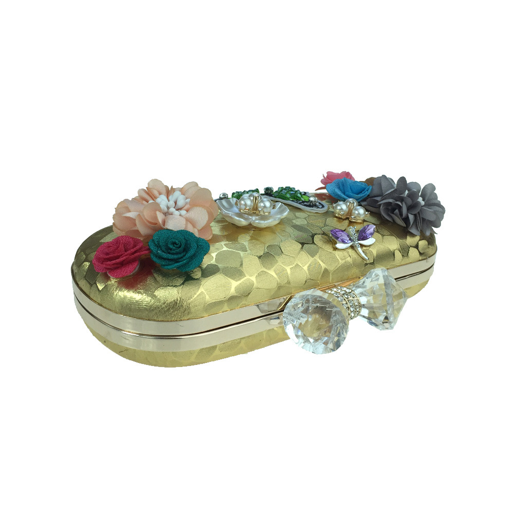 Túi clutch nữ dạ tiệc hoa satin thêu hạt bướm ngọc trai, tay cầm kim loại và dây đeo ngọc trai — Màu đỏ, Màu vàng, Màu bạc chi tiết 12