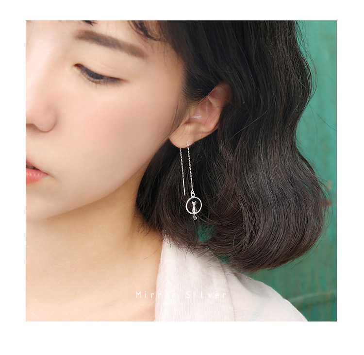 S925 pendientes de plata esterlina elegante Luna larga Luna gato pendientes de la joyería de plata de ley