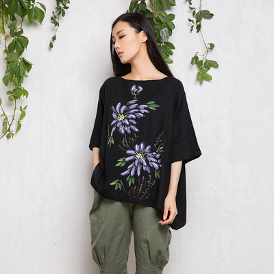 Dai Yi coat spring and autumn 2019 new pattern Ethnic style Flax jacket black Versatile Socket Base coat Hand drawn