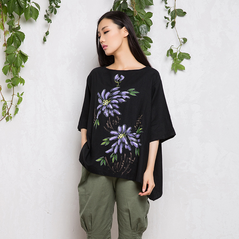 Dai Yi coat spring and autumn 2019 new pattern Ethnic style Flax jacket black Versatile Socket Base coat Hand drawn