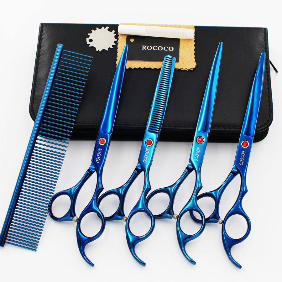 7.0寸 蓝色 电镀4把装 宠物美容剪刀 直剪牙剪弯剪 套装厂家直销
