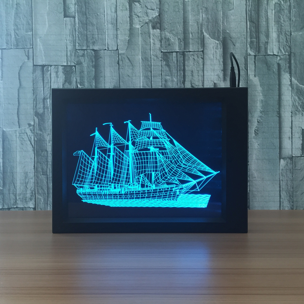 相框3d灯 亚克力相框led灯 创意礼品小夜灯帆船