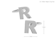 正方楷体大写镂空字母 R 素色光面金属 镀白钢 袖扣 袖钉