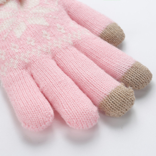 秋冬季新款加厚保暖手套 带触屏加羊绒雪花图案女士分指手套 17