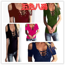 速卖通Ebay  欧美紧身性感露肩穿绳绑带短袖上衣T恤打底衫H53