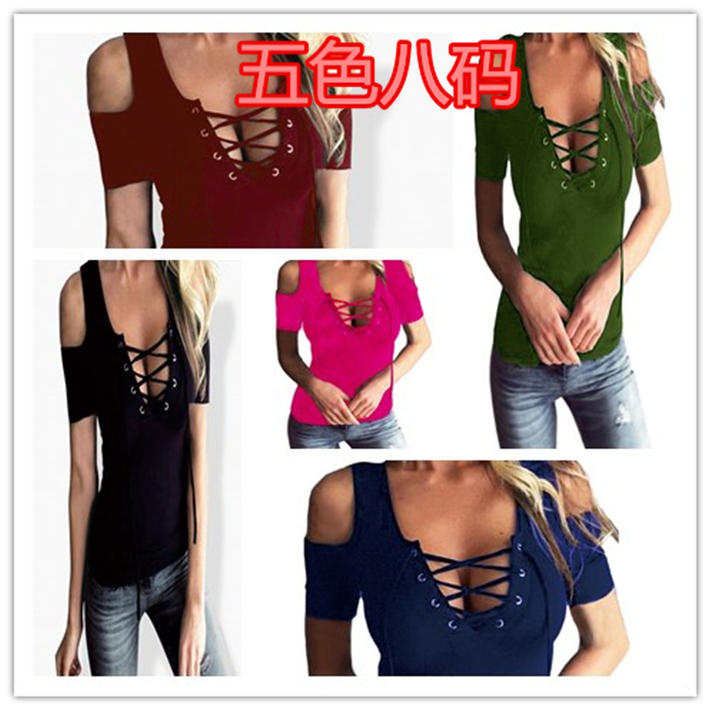 速卖通Ebay  欧美紧身性感露肩穿绳绑带短袖上衣T恤打底衫H53