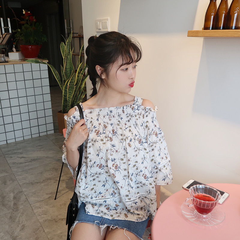女式衬衫-910#实拍 小碎花一字肩花边吊带短袖