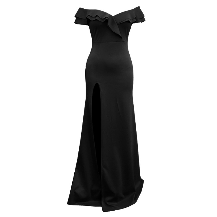 Solid Color Tube Top Off-Shoulder Ruffled Mopping Slit Evening Dress NSMYF100001