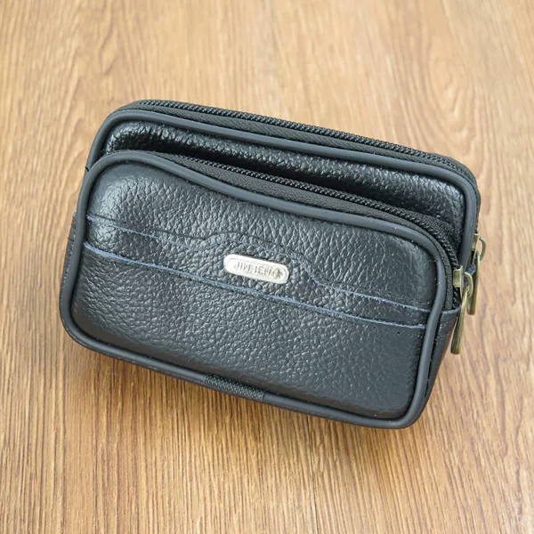 Spot Wholesale Men's Horizontal Zipper Waist Bag Cowhide High and Low Elderly Mobile Phone Solid Color with Label Mobile Phone Bag Fashion