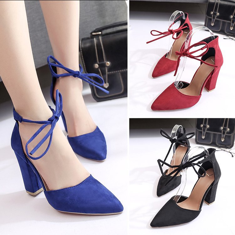 Spring and summer 2021 new low-cut women's single-layer shoes cross strap pointed block heel high heels 42 size suede women's shoes