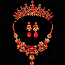 新娘皇冠头饰套装韩式结婚三件套红色项链婚纱首饰配饰发饰品