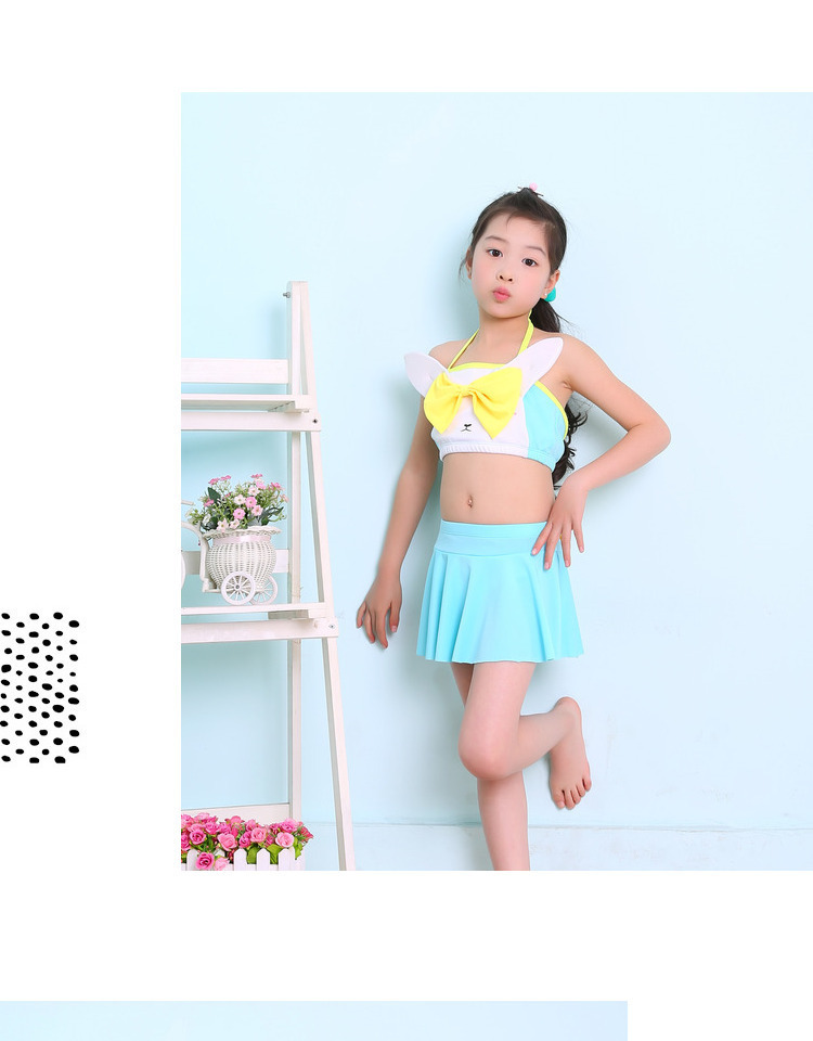 帮手描述图：轩尼贝纯色韩版温泉新款儿童分体裙式可爱泳衣泳装宝