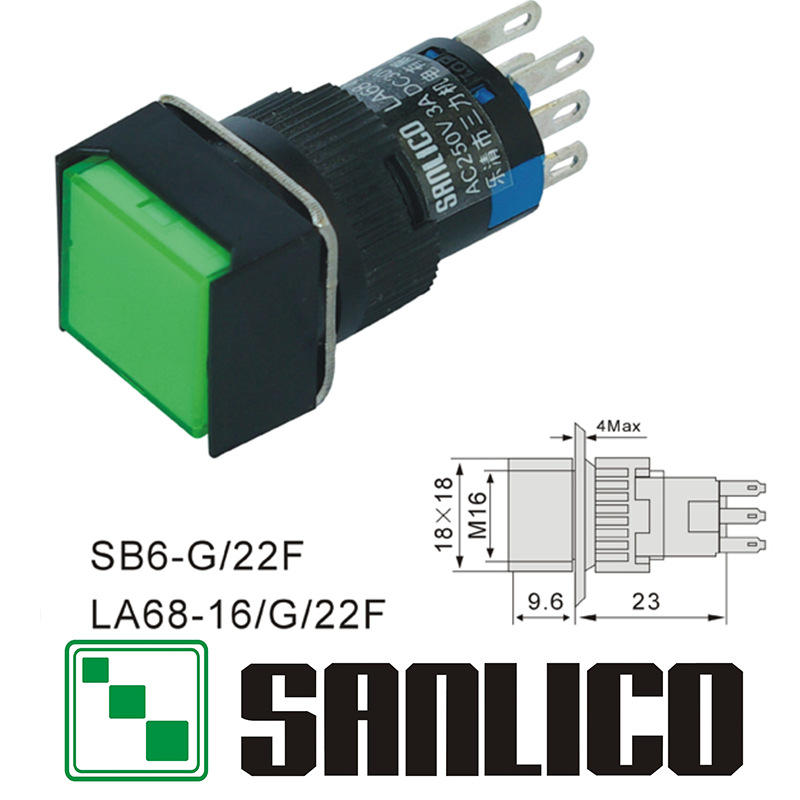 正方形按钮开关16mm LA68(SB6 LAS1 LAY16)-G/22F