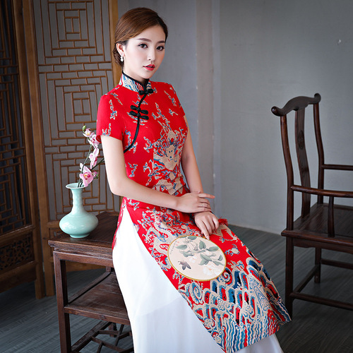 Chinese Dress Qipao cheongsam dress long etiquette cheongsam short sleeve woman