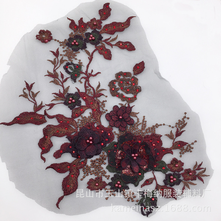 Poliéster bordado de seda macaron negro oro azul con cuentas de diamantes de imitación tridimensional encaje flor pegatinas bordado flor parche