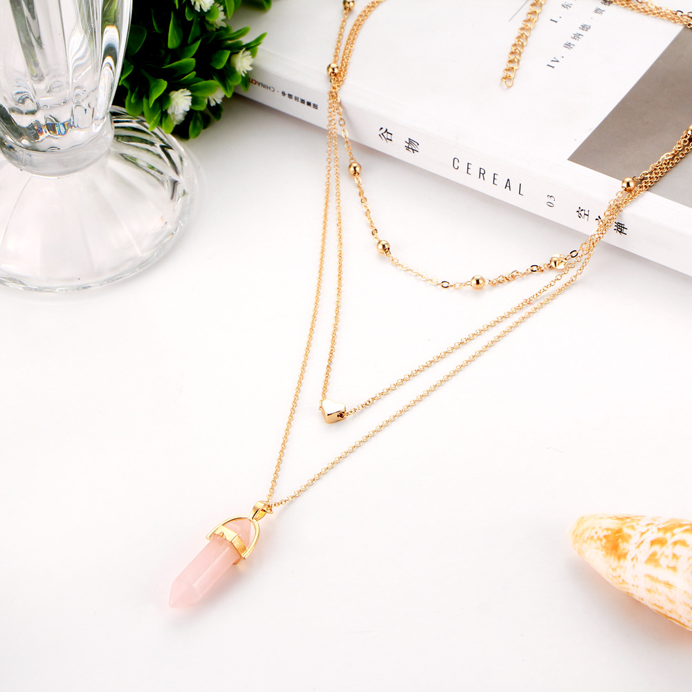 Wholesale Necklace Fashion Jewelry Hexagonal Diamond Gemstone Natural Stone Love Copper Bead Chain Multilayer Necklace display picture 7