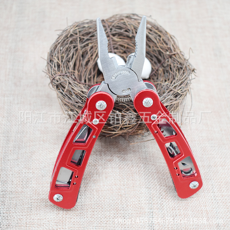 1新款多功能钳子折叠红色缕空铝柄不锈钢工具钳户外便携刀钳组合