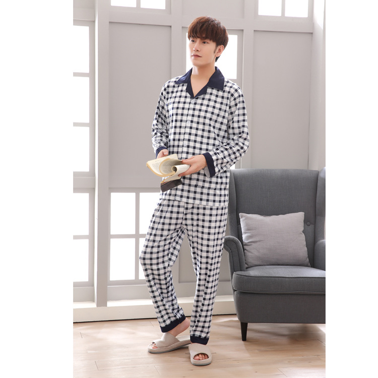 Factory double-sided pajamas spring and autumn men's solid color cotton long sleeve pajamas plaid suit a generation of hair