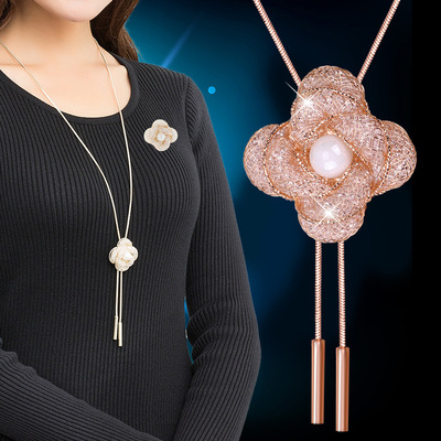 韓版飾品珍珠玫瑰花毛衣鏈 長款 秋冬 百搭大氣高檔流蘇項鏈批發
